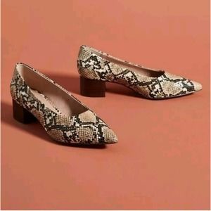 ANTHROPOLOGIE SERAPHINA SNAKESKIN EMBOSSED LEATHER POINTED TOE BLOCK HEE…